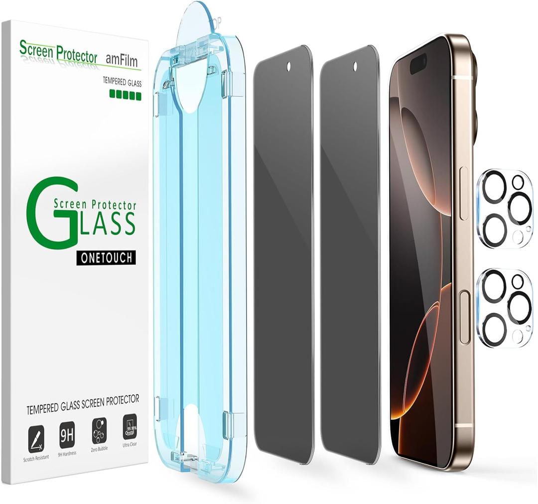 amFilm Auto-Alignment OneTouch for iPhone 16 Pro Max [6.9''] privacy Screen Protector,Tempered Glass, 30 seconds Installation, Bubble Free, Case Friendly, Anti-Scratch [2Pack]