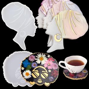 2PCS Afro Female Head Coaster Resin Mold Silicone Woman Girl Epoxy Resin Casting Mould Irregular Coaster Cup Mat Trinket Tray Candle Soap Holder Resin Art Painting DIY Home Table Decor