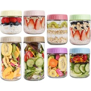 SHOWIN Overnight Oats Containers with Lids, Glass Jars with Lids 8 pcs, Wide Mouth Mason jars for Salad, Yogurt, Snacks, Meal Prep