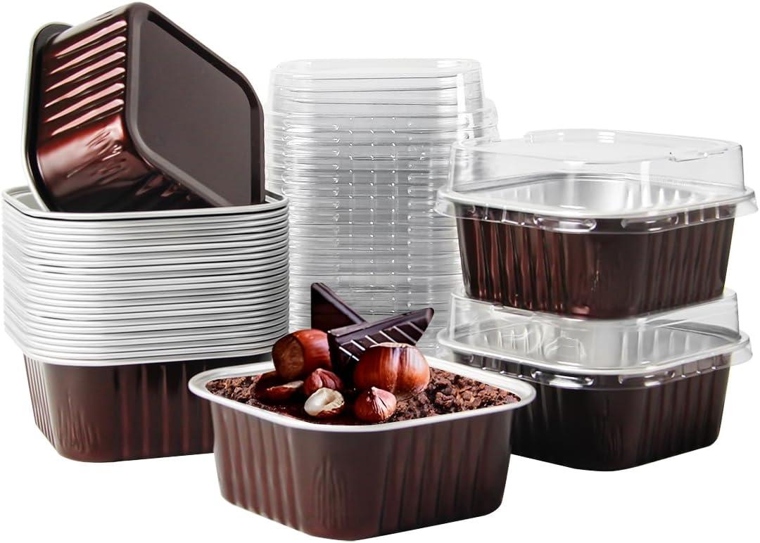 50 Pcs Mini Square Baking Cups with Lids,5oz Aluminum Foil Mini Cake Pans with Lids,Disposable Ramekins Cake Pans,150ml Dessert Cups Cupcake Pans for Wedding Birthday Party,Coffee
