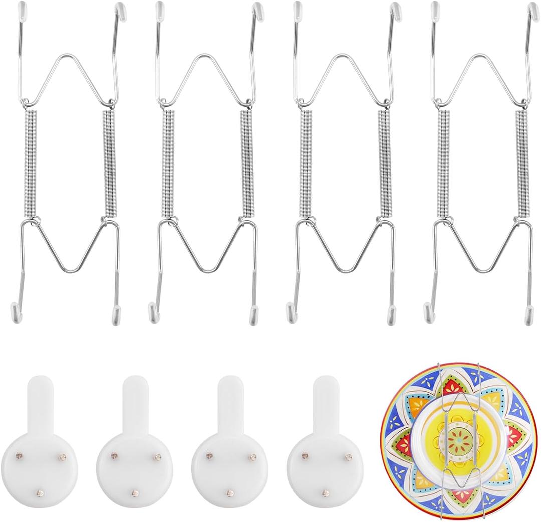 4 Pack Plate Hangers for Wall 6-8 Inch, Stainless Steel Invisible Heavy-Duty Wire Plate Holder with Wall Hooks, Display Hanger for Decorative Plates, Dishes & Platters(Silver)