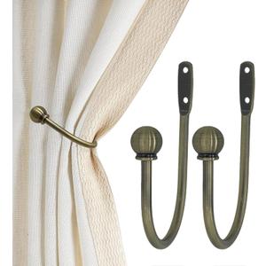 Curtain Holdbacks, Hooks, 2 PCSSolid Steel Hooks, Decorative French Ball End, Curtain Drapery Holdbacks, Wall Mounted, Curtain Tiebacks, Antique Brass Brushed