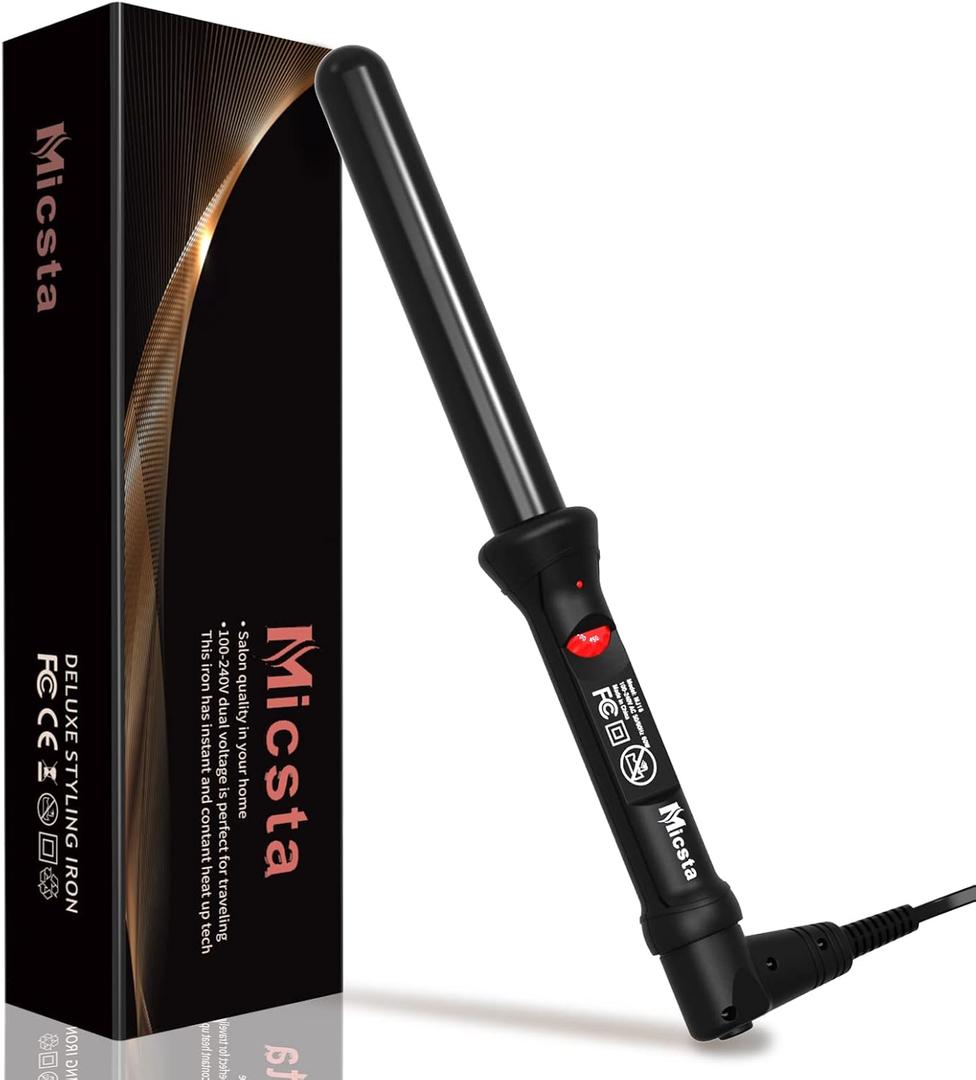 Curling Wand Long Barrel 1 Inch for Short & Long Hair, Micsta Curling Iron Hot Styling Tools Ceramic Coated for Beach Waves,Negative Ions Thick Black Hair Wand Curler, Temp Adjustable & Dual Voltage