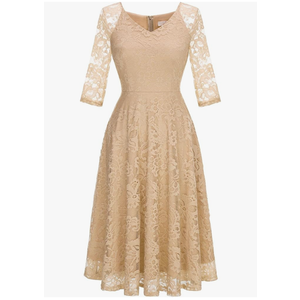 Dressystar Womens Long-Sleeve Wedding Guest Dress A-Line Lace Formal Party Cocktail Midi Dress Prom Gown, Champange, 6XL
