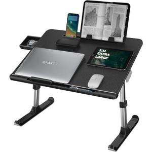 Laptop Desk for Bed, NEARPOW XXL Bed Table for Laptop and Writing, Adjustable Computer Tray Foldable Laptop Stand for Bed or Sofa W/Anti-Slip Faux Leather, Removable Stopper, Book Stand & Drawer Black