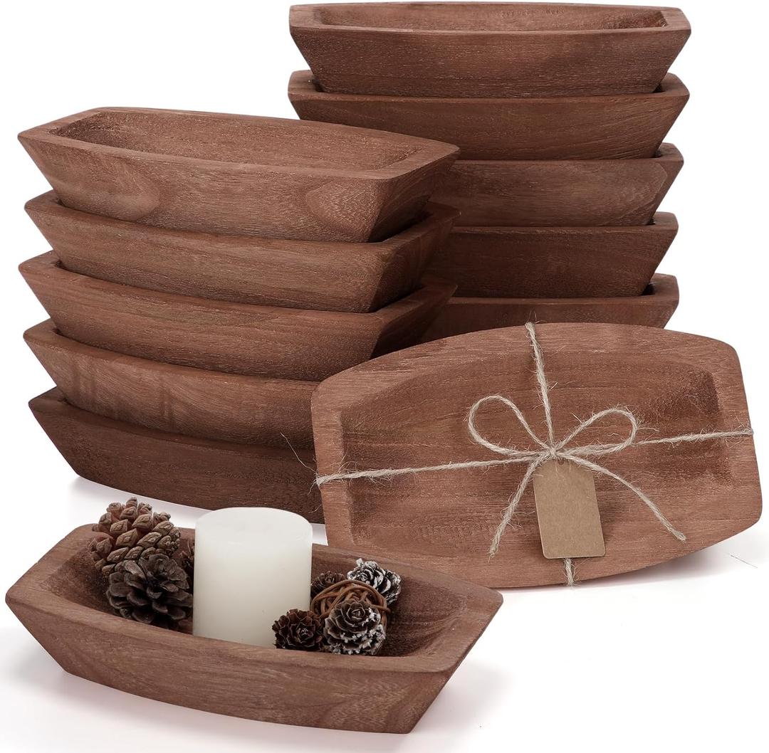Tioncy 12 Pcs Wooden Dough Bowls Bulk Rustic Decorative Wood Dough Bowls Bulk for Decor with Card, Hand Carved Paulownia Wood, for Home Decor Wedding Gifts Crafts Farmhouse Tray(Boat Shape)