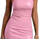 Women Faux Leather Dress Sexy Ruched Mini Dress Strapless Pleather Bodycon Strenchy Dress Club Party Night Out, Pink, Small