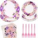 Grencian 96Pcs Spring Floral Party Supplies Pink Purple Flowers Paper Plates and Napkins Disposable Spring Floral Tableware Set for Tea Party Wedding Bridal Shower Baby Shower, Serves 24