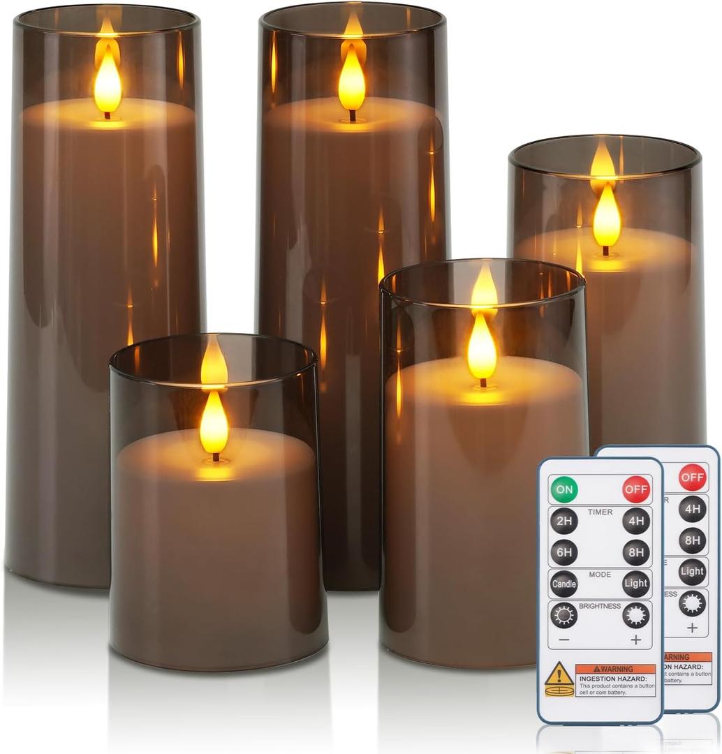 Raycare Flameless Candles Battery Operated with Remote Timer, Acrylic Flickering LED Pillar Candle for Christmas Decoration, Home Decor, Gift for Family and Friend, Grey, Set of 5