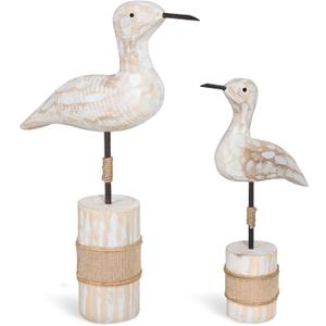 Wooden Sea Birds Statues Coastal Decor, White Seagull Statues for Nautical Coastal Beach Ocean Home Decoration