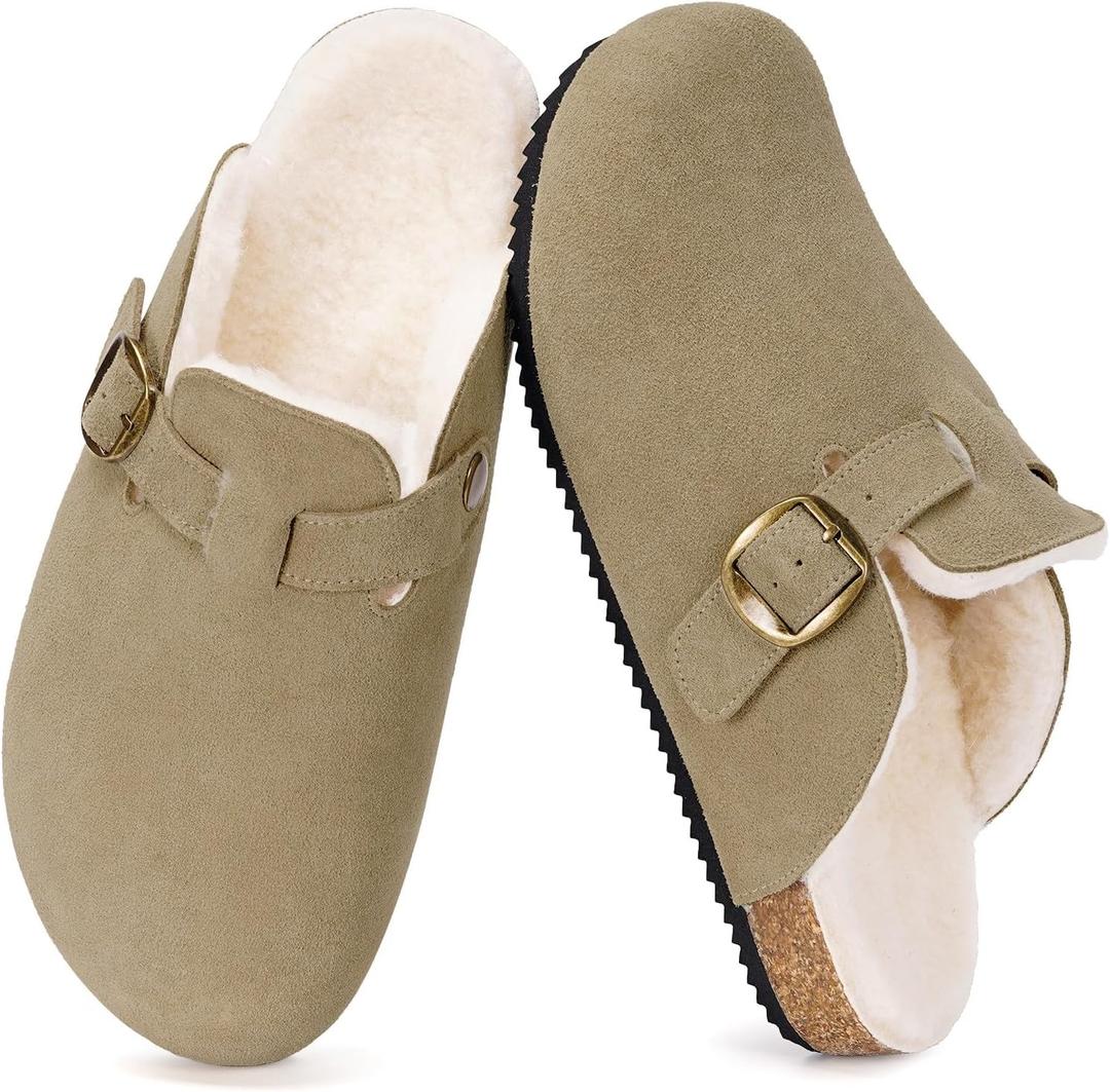 Mens Womens Fur Lined Clogs Suede Slip on Mules Warm Plush Fleece Lining Winter House Slippers Comfort Footbed with Arch Support and Adjustable Buckle, Beige 12 Women/11 Men