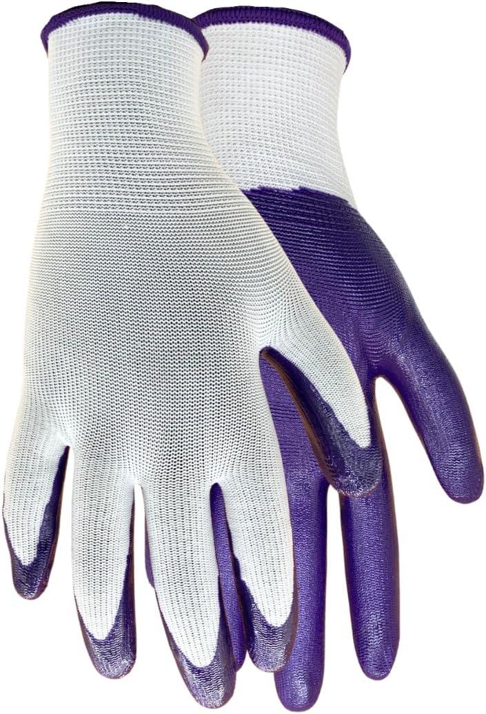 Red Steer A369P Nitrile Palm Gardening Gloves, Lightweight and Durable Nitrile Coated Palm, Form Fitting Seamless Knit Liner, White with Purple Palm, Size Large, 10 Pairs Per Pack