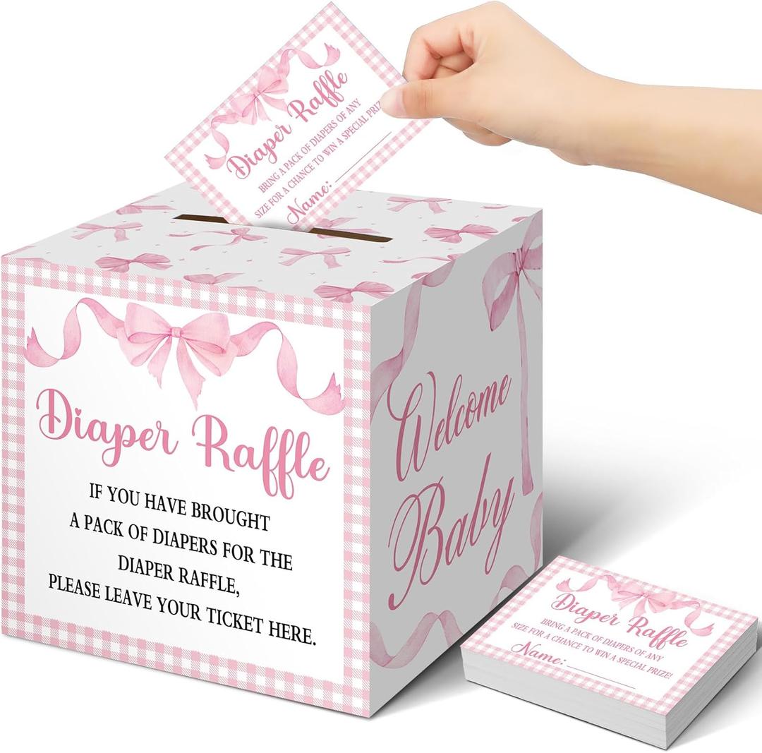Teling 51 Pieces Diaper Raffle Tickets with Card Box Baby Shower Decorations Baby Shower Holder Box for Girl Boy Diaper Raffle Party(Pink Bow Style)