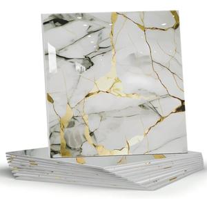 10 Sheets Marble Peel and Stick Backsplash Tile, 12"x12" Waterproof PVC Self Adhesive Tile Shower Wall Panels for Bathroom, Kitchen, Living Room (Gold White)