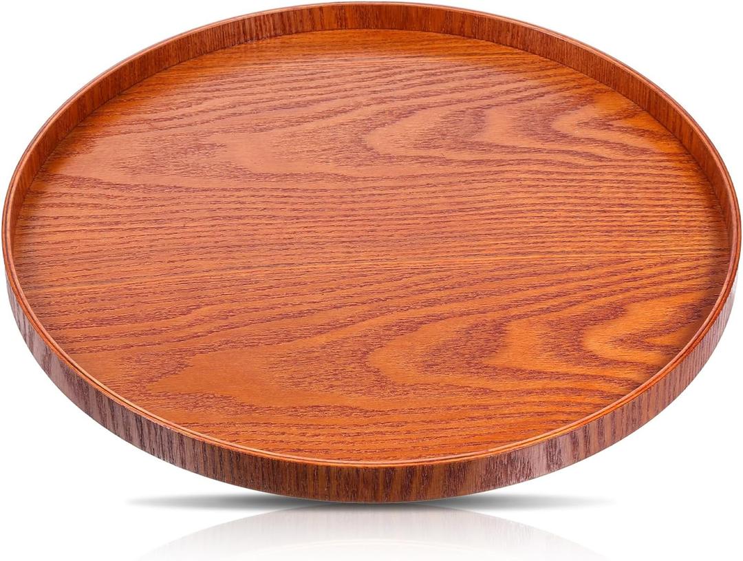 13 Inch Round Wood Serving Tray Decorative Plates Centerpiece Candle Holder Tray Organizer for Kitchen Countertop Charcuterie Board Coffee Table Home Decor (Reddish-Brown)