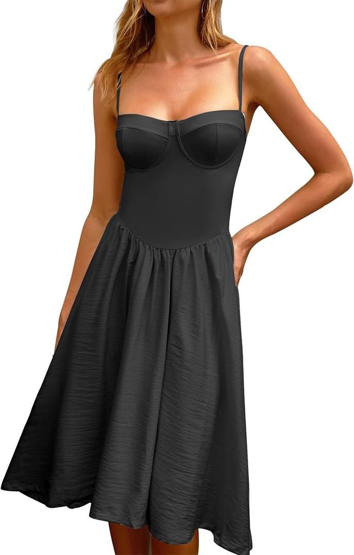 CHYRII Women Fashion Summer 2025 Sweetheart Neck Spaghetti Straps Corset A-Line Long Sundress Midi Dress, L