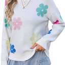 Angashion Womens Sweaters Flower Print - Crewneck Knitted Long Sleeve Sweaters Fall Winter Pullover Casual Top (L)