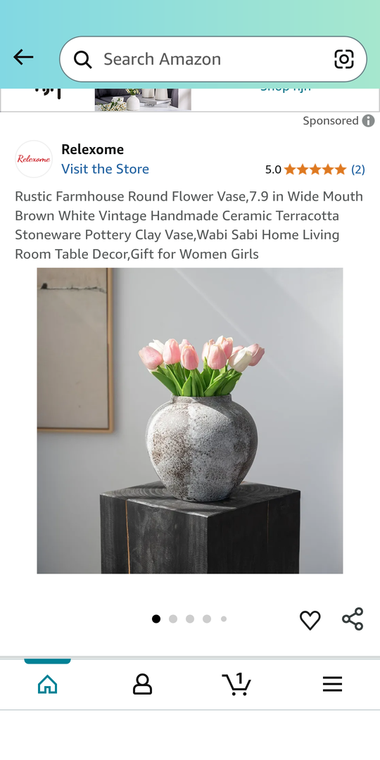 Rustic Farmhouse Round Flower Vase,7.9 in Wide Mouth Brown White Vintage Handmade Ceramic Terracotta Stoneware Pottery Clay Vase,Wabi Sabi Home Living Room Table Decor,Gift for Women Girls