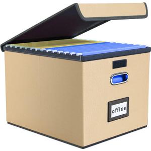 Huolewa File Organizer Box with Lid, Collapsible File Folder Organizer for Office Document Storage, Filing Box with Plastic Slide for Letter/Legal Size Hanging Files (Brown)