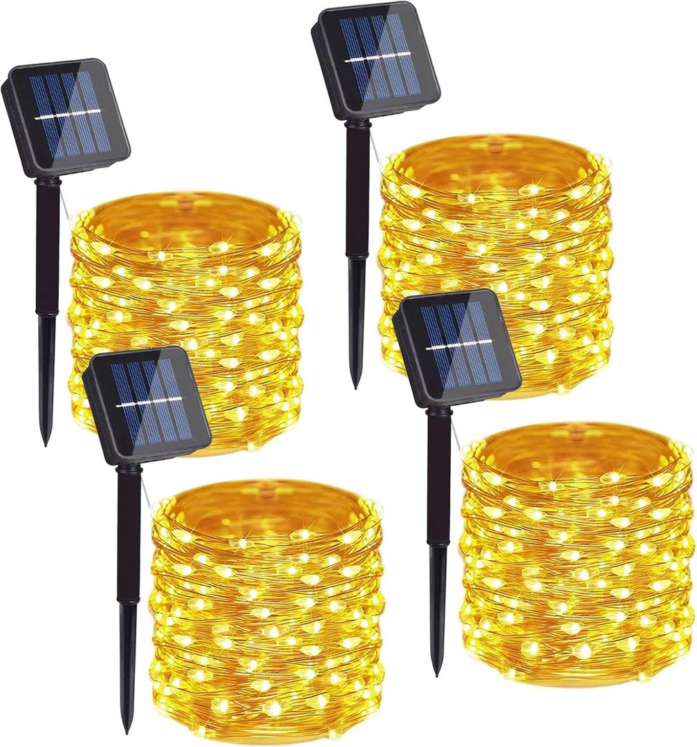 4 Pack Solar Powered Copper Wire String Lights Outdoor, Total 400LED Waterproof 8 Modes Fairy Lights for Garden, Patio, Party, Yard, Christmas (Warm White)