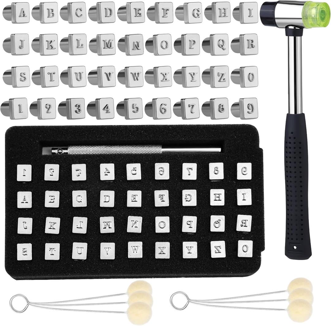 Wonvoc 44 Pcs Leather Stamping Tools, 36 Pcs Leather Letter Stamps, Leather Stamping Kit, with Wool Dauber Stamping Tools, Leather Hammer, for DIY Leathercrafts