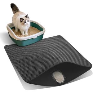 Cat Litter Mat for Indoor Cats Eva Double-Layer Litter Box Mat Washable for Easy Cleaning Cat Rug Collects Litter and Prevents Liquid Leakage (Black, 23.615.7inch)