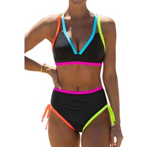 popvil High Waisted Bikini Sets for Women Tummy Control Swimsuits Neon Swimwear Bathing Suit (Medium, Black)