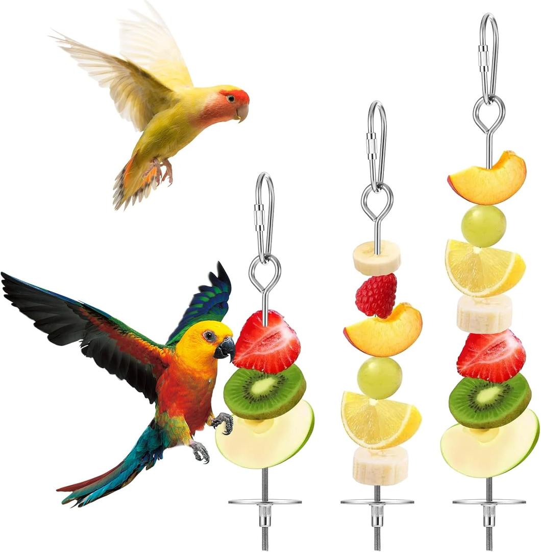 3Pcs Parrot Fruit Stick Feeder Fruit Vegetable Treats Skewer Bird Cage Stainless Steel Food Holder for Hanging Bird Foraging Toys for Macaw Parakeet Budgie (3 Sizes)