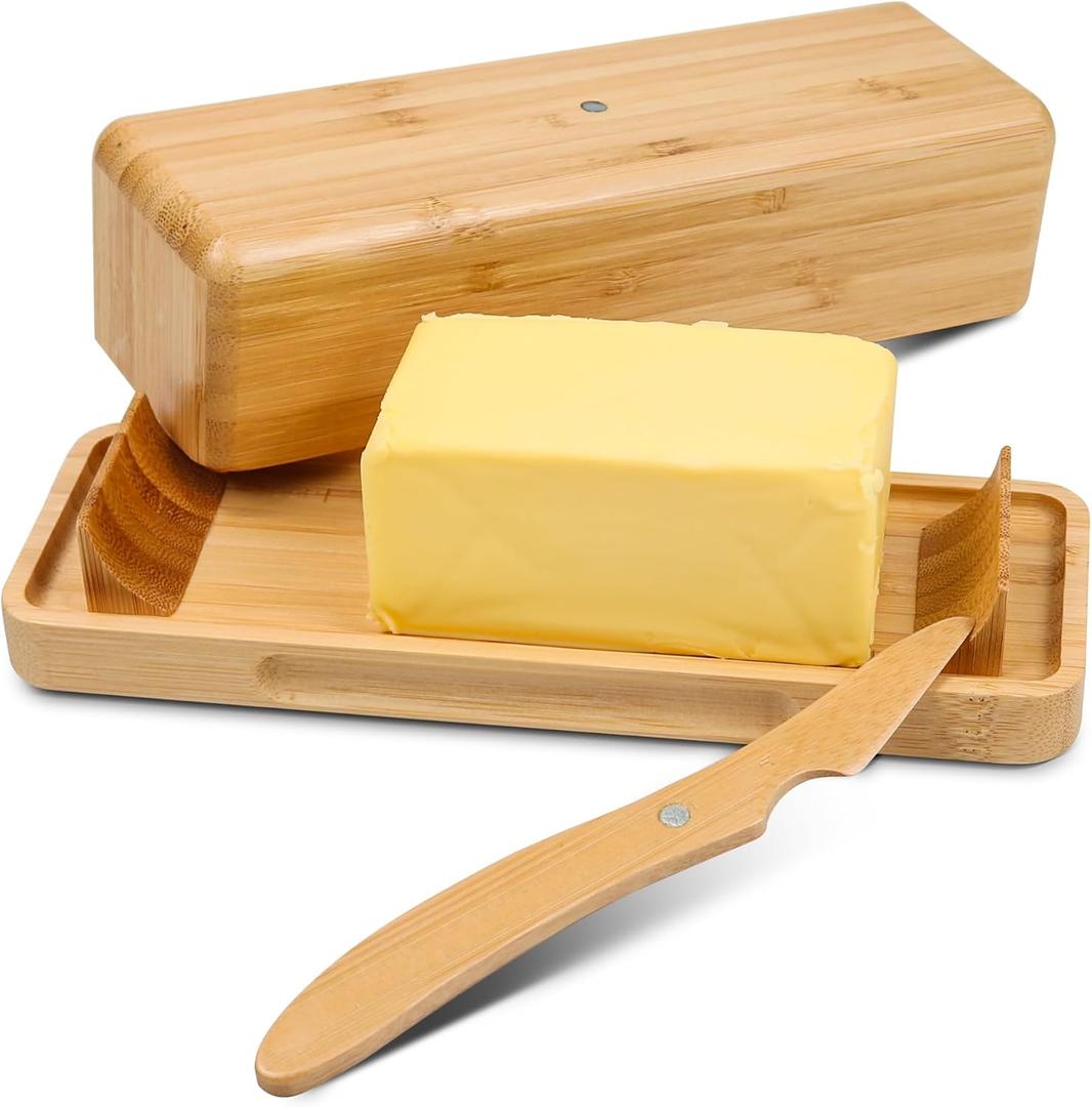 Bamboo Butter Dish with Lid for Countertop Butter Container for Fridge Magnetic Butter Holder with Knife for East and West Coast Butter By beardo decor