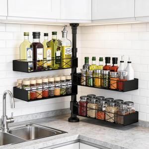 MIXOO Spice Rack Organizer Tension Pole, 4-Tier Adjustable Spice Organizer | 16.5-23.6 Inch, Seasoning Organizer for Countertop, Space-Saving Spice Storage Corner Shelf for Kitchen, Coffee Area,No Drill