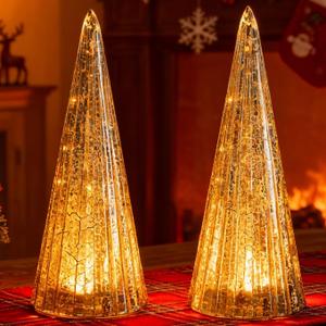 Set of 2 Mercury Glass Christmas Tree Silver Glass Christmas Trees Collectible Figurines with Led Indoor Table Centerpiece Decorations Mantel Gift