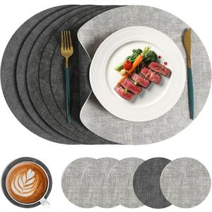 13" Round Placemats Set of 6 with Coasters, Reversible Faux Leather Heat-Resistant Table Mats, 100% Waterproof Oilproof Wipeable Double-Sided Place Mats for Indoor/Outdoor Use (Light Grey) ﻿ ﻿
