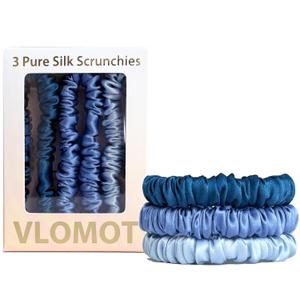 VLOMOT 3 Pcs Set 100% Pure Mulberry Silk Hair Scrunchies Hair Ties with 3 Chic Colors Everyday Skinny Scrunchies Silk Ponytail Holders Hair Care No Damage (Blue)