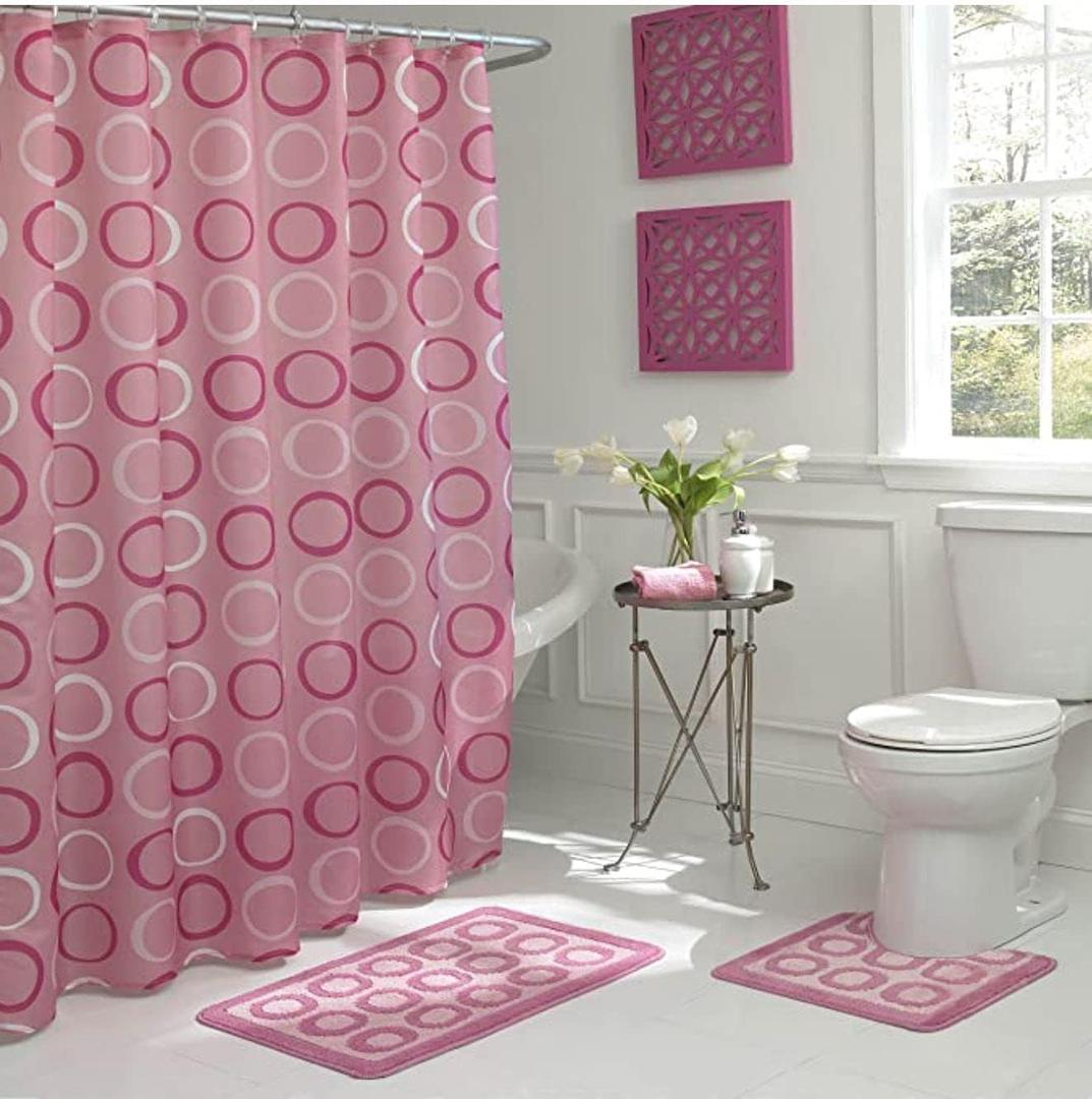 Creative Home Ideas 15-Piece Bathroom Shower Curtain Set  Set of 1 Shower Curtain & 12 Metal Hooks & 1 Bath Mat & 1 Contour Mat, Modern Bathroom Dcor, Machine Washable, Terrell Dusty Rose (72"x72")