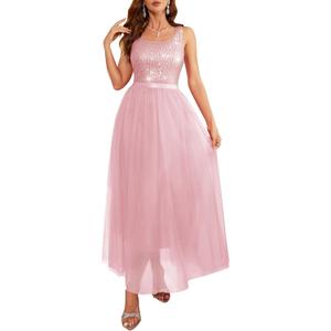 BeryLove Prom Dress for Women Sequin Dress Sleeveless Bridesmaid Dresses Mesh Dress Maxi Cocktail Party Formal Dress Pink L