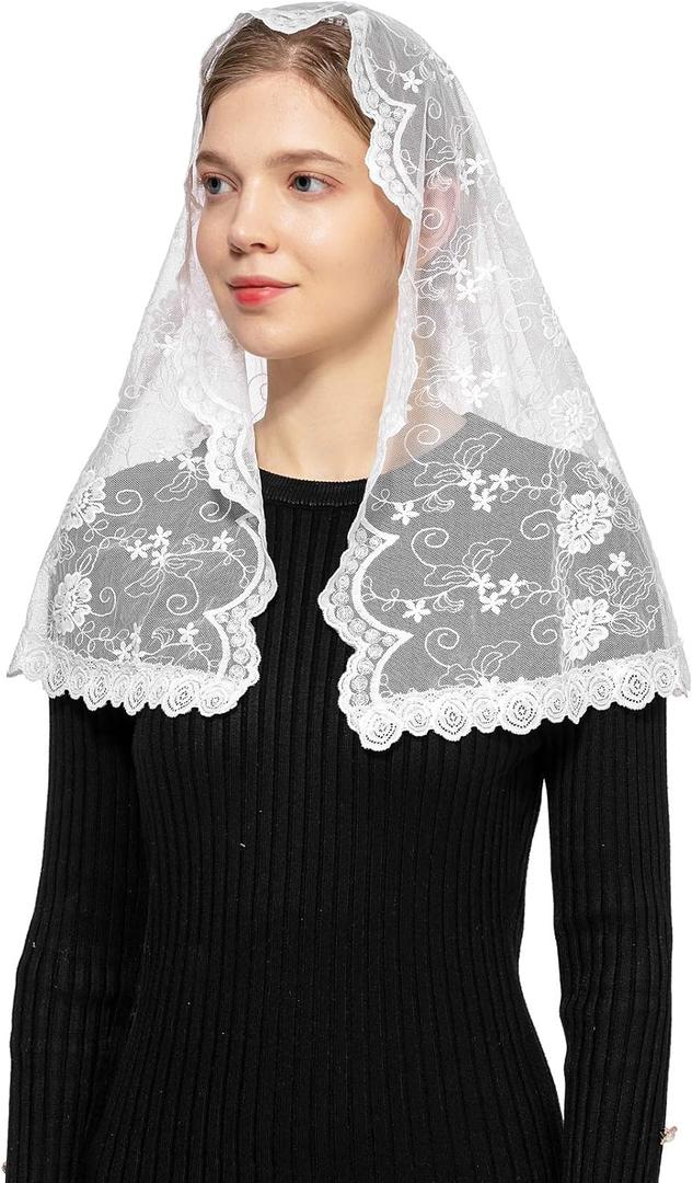 Wgior D Shape Catholic Church Veil Chapel Veils Latin Mass Head Covering Scarf Mantilla (White)