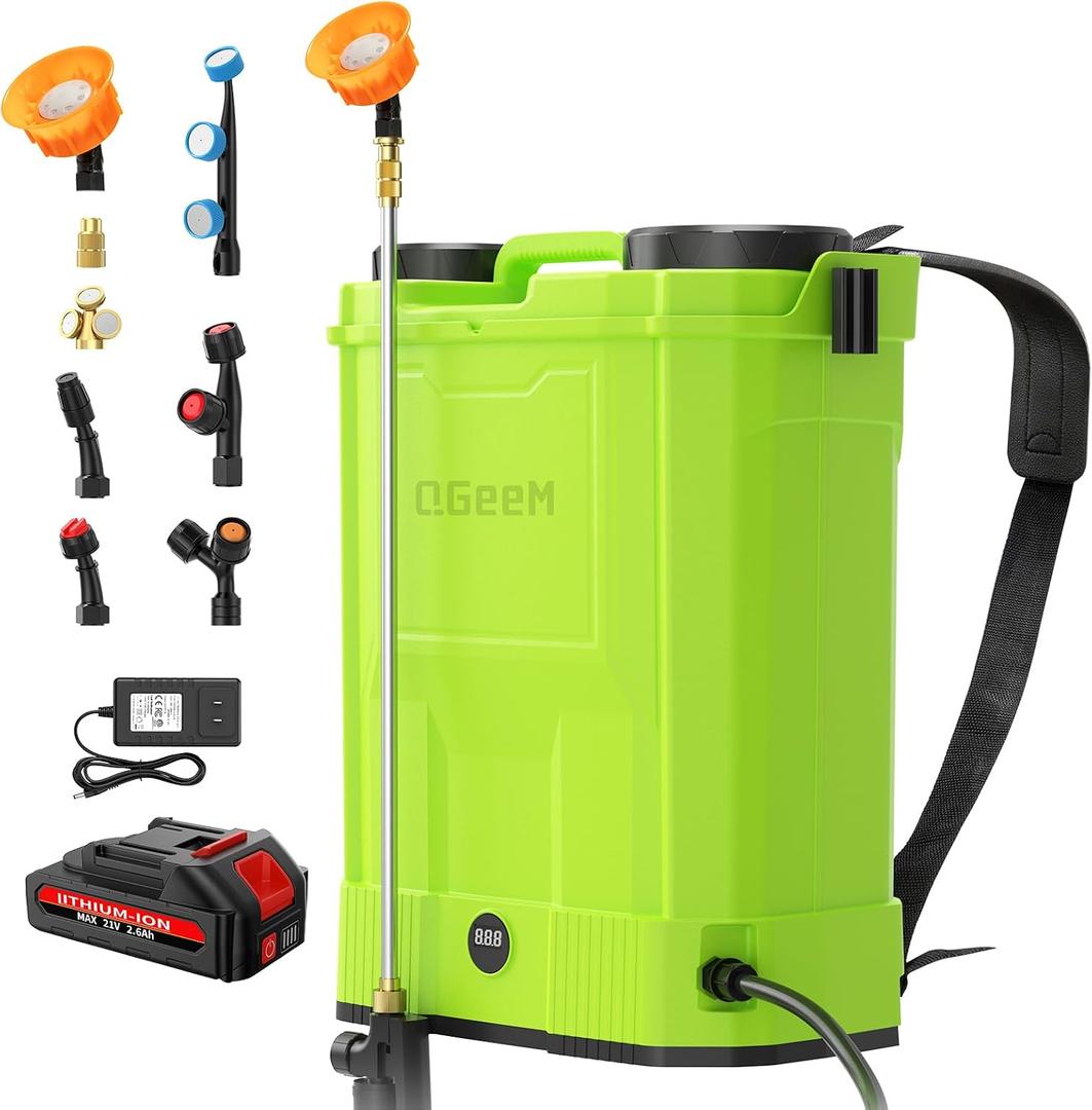 5.3 Gallon Battery Powered Backpack Sprayer,QGeeM 100 PSI 20L Electric Graden Sprayer Work,Weed Yard Sprayers with 21V Strong Battery,8 Nozzles,Telescopic Wand,2.6Ah Battery and Chargers Included
