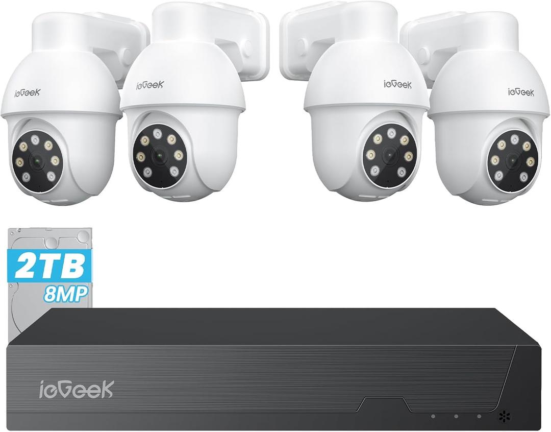 ieGeek 8MP PoE Security Camera System, 4pcs Wired Outdoor Cameras for Home Security with 355Pan 90Tilt, 8CH NVR with 2TB HDD, Automatic Human Tracking,AI Detection,2-Way Audio,Color Night Vision (White-8MP POE System Set)