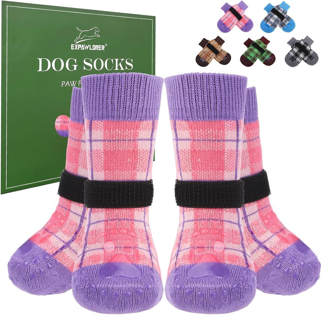 EXPAWLORER Dog Socks for Hardwood Floors, Dog Shoes for Winter, Dog Booties for Cold Pavement to Prevent Licking, Paw Protectors Strong Traction Control for Small Medium Large Dogs,Pink Purple L