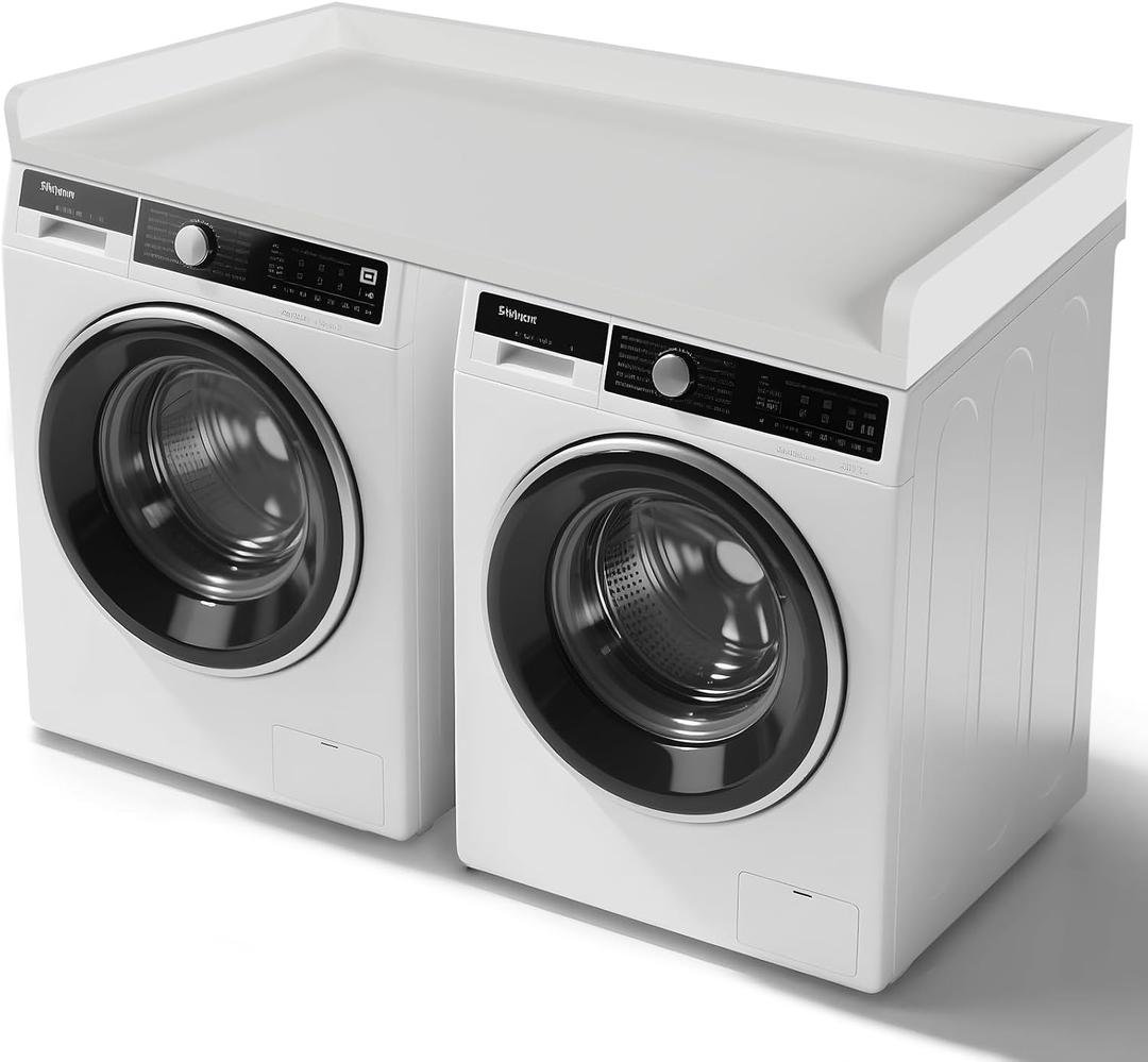GCCSJ Washer Dryer Countertop, 54" Width x 27.5" Depth Wood Laundry Topper with Edge & Non-Slip Pads for Laundry Room Organization Storage & Clothes Folding, White