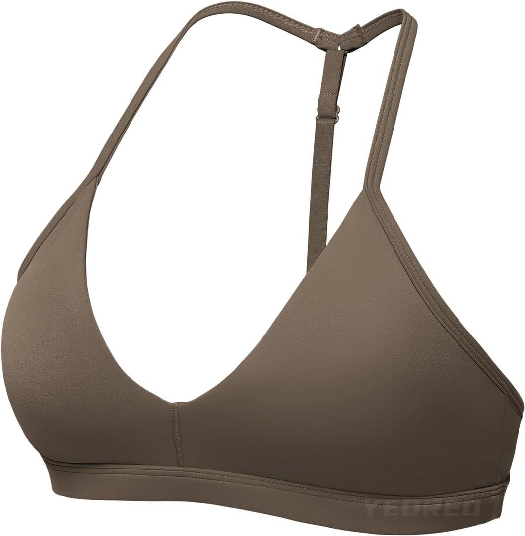 YEOREO Sports Bras for Women Strappy Padded Halter Ericie Open Back Light Impact Deep V Neck Yoga Workout Gym Tops (Small, Brown)