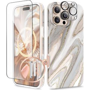 GVIEWIN for iPhone 16 Pro Case Compatible with MagSafe, with Screen & Lens Protectors, Military-Grade Protection Slim Marble Shockproof Magnetic Phone Case for 16 Pro 6.3",Dunes/Caramel