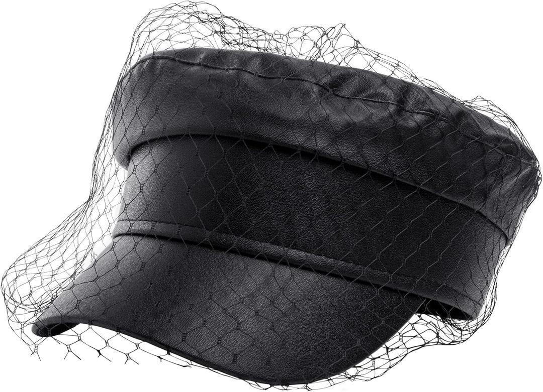 Beret Hats for Women PU Leather Newsboy Fiddler Cap with Veil Casual Baker Boy Captain Hat (Medium-Large)