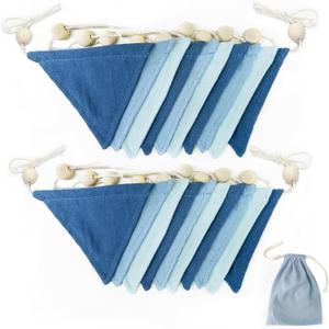 2 Sets of Blue Pennant Wooden Bead Banner Nursery Garland 20pcs Royal Linen Fabric Flags Triangle Streamers for Baby Room Decor Kids Boys Nautical Birthday Baby Shower Boho Event Party Decorations