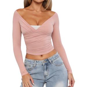 Women Off Shoulder Wrap Tops Long Sleeve Solid Color Slim Fitted T-Shirt Ruched Crop Tops (Pink, S)