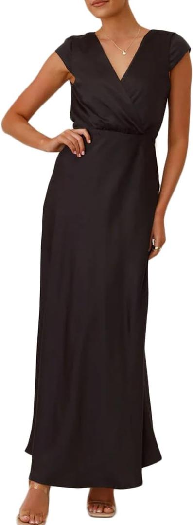 Summer Satin V Neck Wrap Maxi Dress for Women 2025 Elegant Silk Cap Sleeve Wedding Guest Dresses (Black), XS