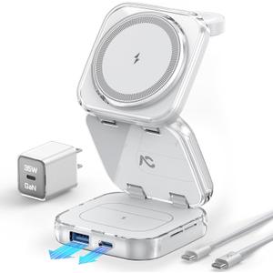 Wireless Charger for MagSafe, AC Island 5-in-1 Portable Travel Charging Station, 15W Max Fast Foldable Magnetic Stand, Evolved for iPhone 16/15/14/13 Series, Apple Watch, AirPods (with 35W Adapter) (Ice White)