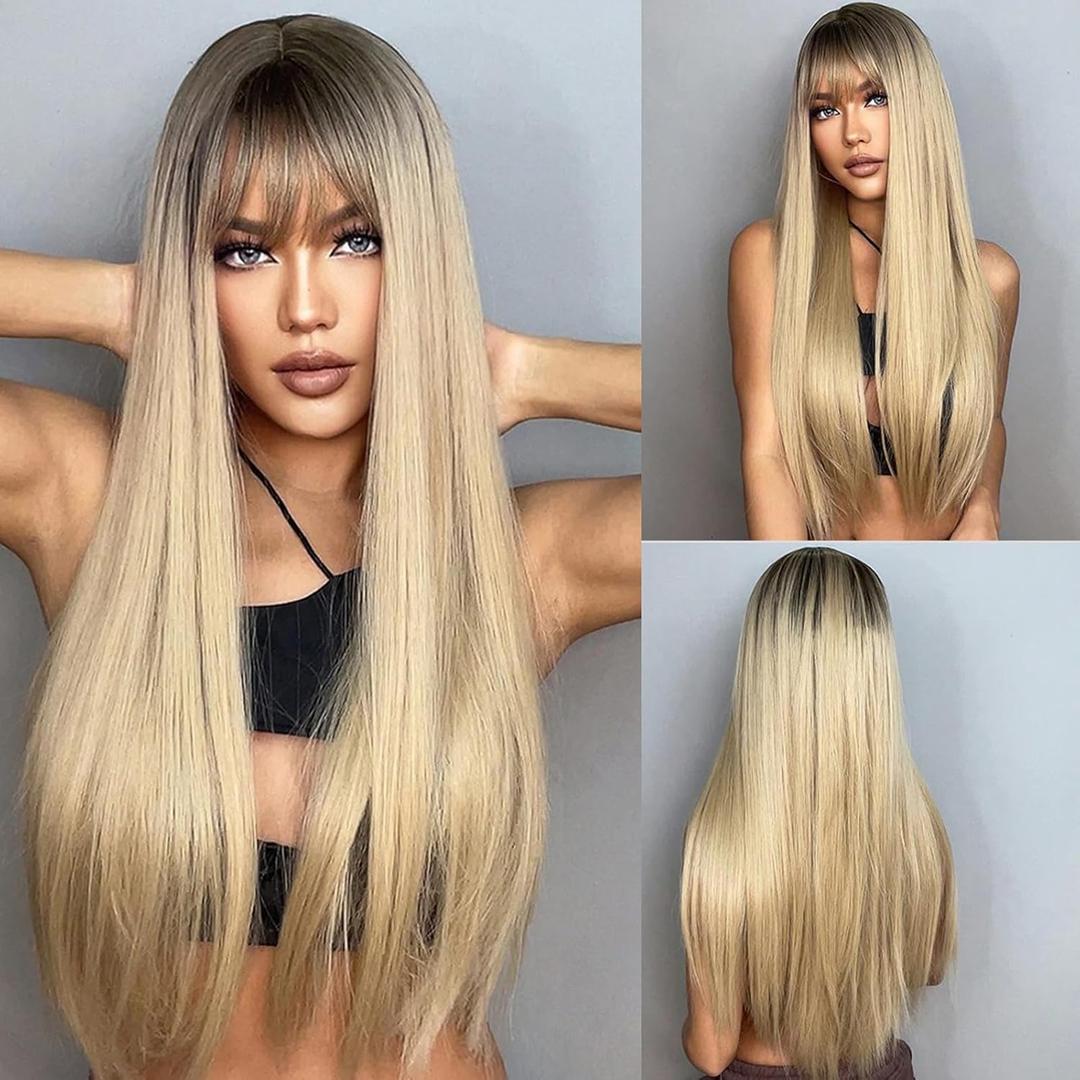 Blonde Wig With Bangs Long Straight Blonde Wigs for Women 30 Inch Ombre Wig Dirty Blonde Wig Natural Hair Wigs Cosplay Synthetic Wig Heat Resistant Fiber Hair Replacement Wigs for Daily Party Use