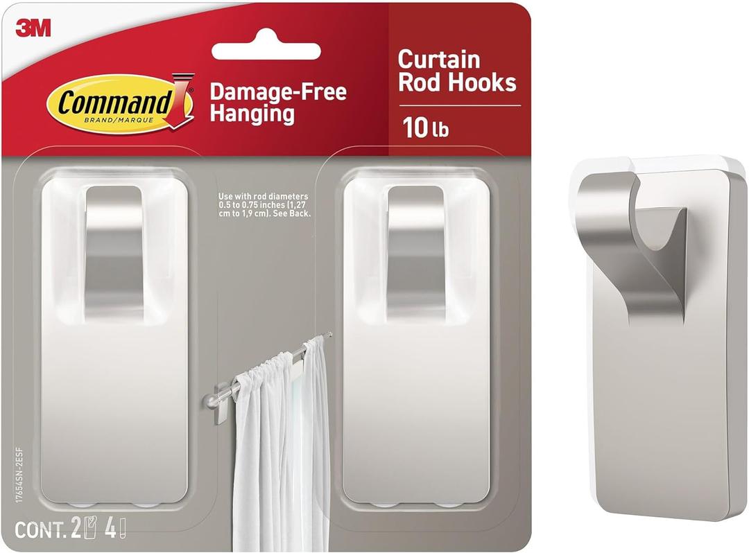 Command 10 lb Satin Nickel Curtain Rod Hooks, 2 Hangers and 4 Strips, No Drilling Home Decor and Room Decor, Use with Rod Diameters 0.5-0.75"