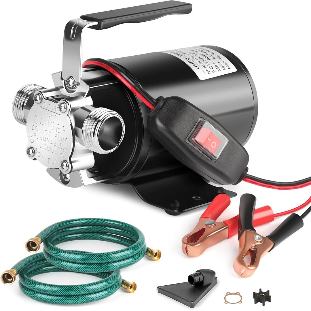 FIDISP 12 Volt Water Pump, Portable Transfer Pump, 330GPH Larger Flow, 1/10HP Electric Utility Pump with On/Off Switch, 2 * 6 Water Hose Kit for Garden Pools Aquariums Hot Tub